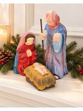Vintage Hand Carved Wood Nativity Holy Family 3 Piece Philippines 10.25"